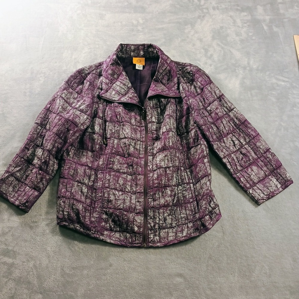 Ruby Rd. Jacket Womens 12 Purple Quilted‎ Geometric Zip Front Satin 3/4 Sleeve